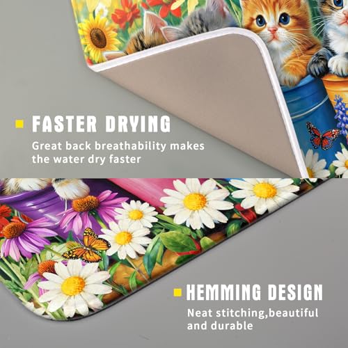 Funny Absorbent Dish Drying Mat Spring Cat Dish Drying Mats for Kitchen Counter Small (colorful Lovely Cat / 18" x 16")