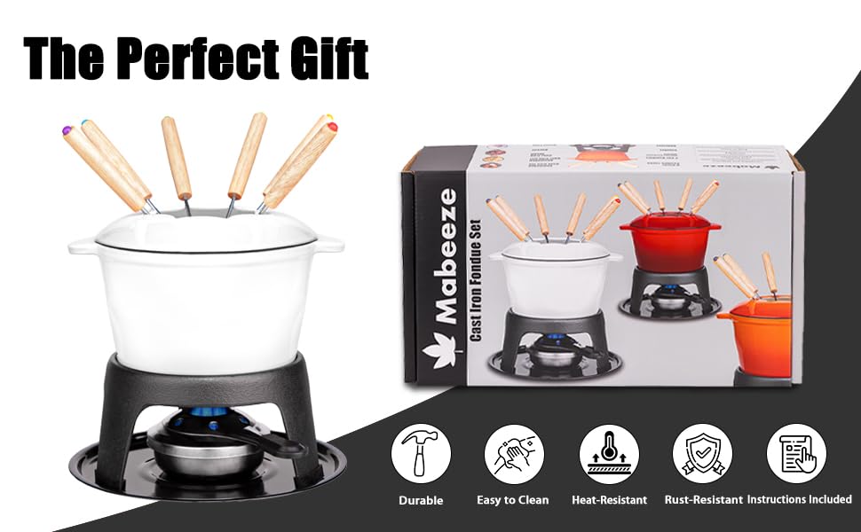 Cast Iron Fondue Pot Set White Enameled 1.6 Qt for Cheese (White)