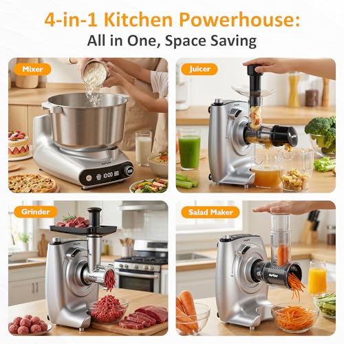 4-in-1 Multifunctional Stand Mixer, Electric Dough Mixer with 5.3 Quart Stainless Steel Bowl, Electric Stand Mixer for Baking & Home Cooking, with Meat Grinder, Juice Blender & Salad Maker (Silver)