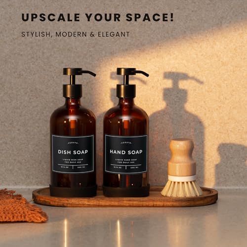 Hand and Dish Soap Dispenser for Kitchen and Bathroom (Amber Bottle / Black Pump)