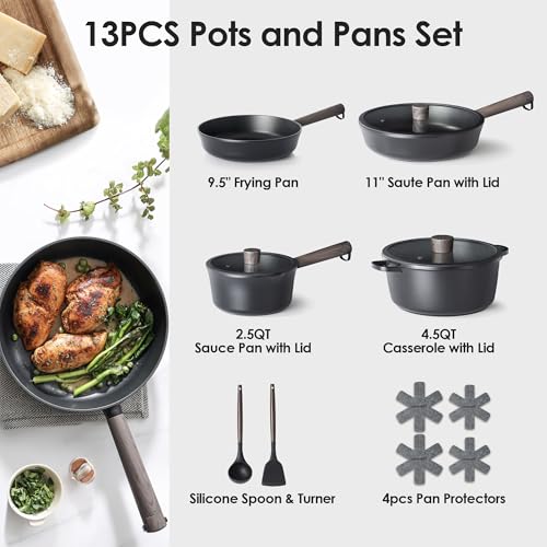13Pcs Pots and Pans Set Nonstick Cookware Set Kitchen Cooking Frying Pans with Stay (Night Black / 13 Pieces)