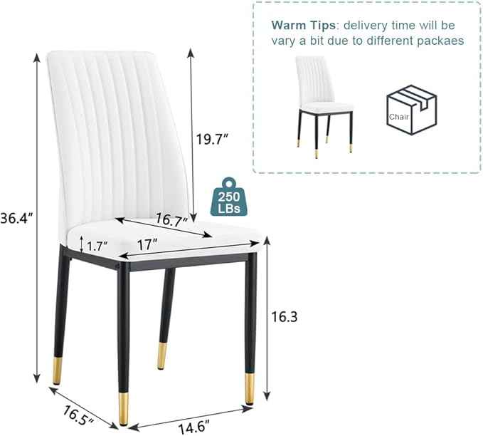 Modern Dining Chairs Set - 4 White PU Leather Armless Chairs with Metal Legs for Dinner Room, Office, Waiting Room
