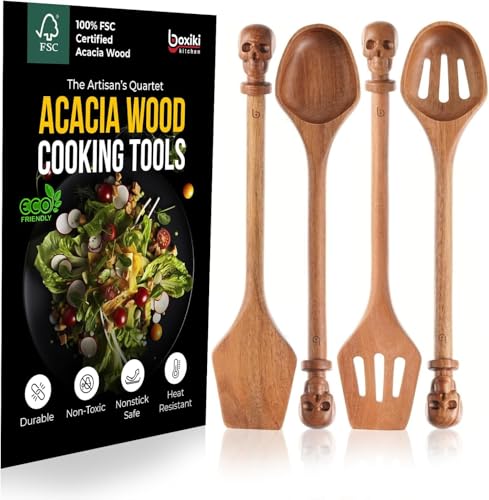 Acacia Wood Cooking Utensil Set with Skull Handles (Signature Skull Set Acacia)