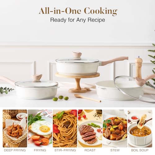 Nonstick Ceramic Deep Frying Pan Skillet with Lid (Cream Ceramic / 11 Inch)