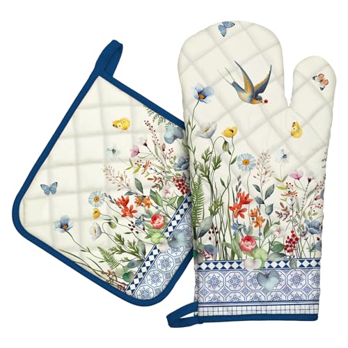 Country Wildflower Oven Mitts and Pot Holders Set (Retro Wildflowers / Oven Mitt x1 & Pot Holder x1)