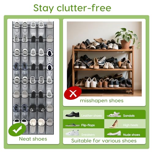 Over the Door Shoe Organizer with 40 Large Breathable Mesh Pockets (Grey / 40 Pockets)