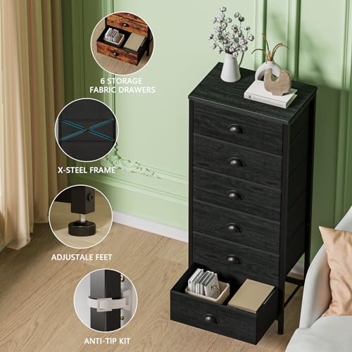 Black Dresser for Bedroom (Black Oak / 11.5"D x 16"W x 39.6"H (6 Drawers))