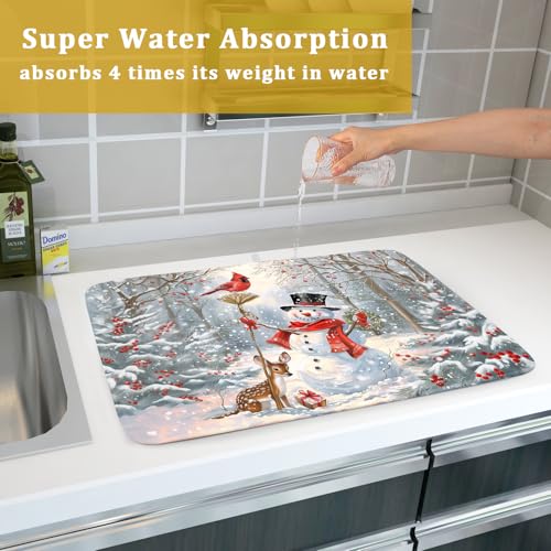 Winter Snowman Dish Drying Mat for Kitchen Counter Red Bird Berry Dishes Drainer Mats Holiday Microfiber Absorbent Dish Rack Pad 18x24 Inch (Winter Snowman Deer / 18" x 24")