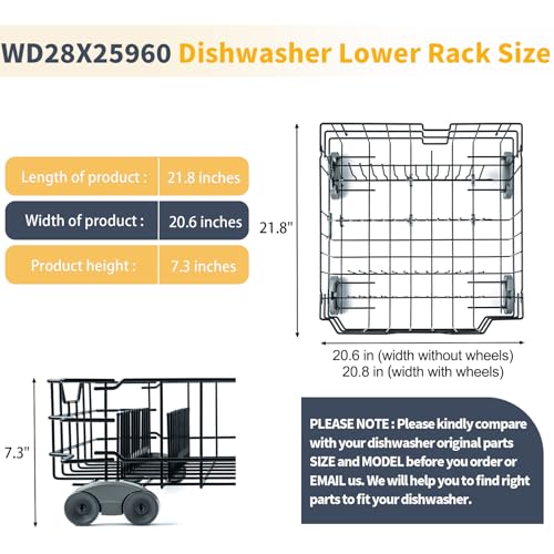 WD28X25960 Dishwasher Lower Rack Replacement Parts for GE Dishwasher Parts GE Profile Monogram Adora Triton XL Cafe Dishwasher Lower Dishrack Assembly GE Dishwasher Bottom Rack Drawer 1 Pack