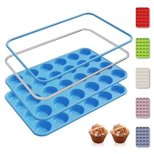 2 Pack 24 Cups Silicone Mini Muffin Pan with Metal Reinforced Frame Silicone Molds Cupcake Pans Tray Egg Bites Circle Cookie Molds Muffin Tin Tart Pans Baking Sheet Set for Breakfast Sandwiches (2pc: 24-Cup Mini / Morandi Blue)