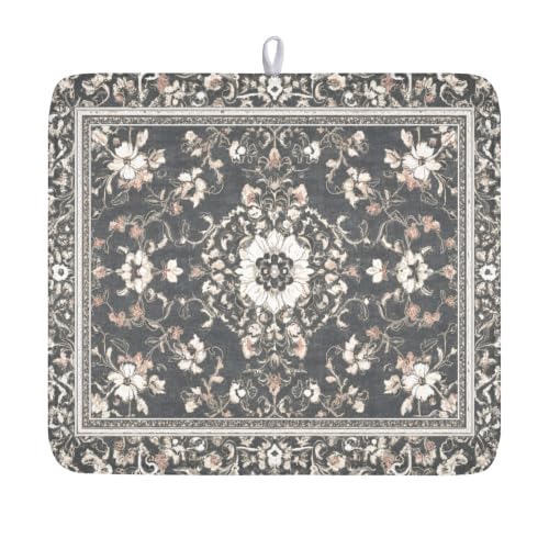Boho Floral Dish Drying Mat Grey Leaves Dishes Drainer Pad 16x18 Inch Microfiber Absorbent Kitchen Dry Rack Mat for Counter Tableware Decor (Grey Boho Floral / 16x18 inch)