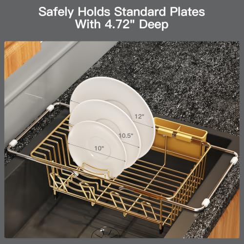 Gold Expandable Dish Drying Rack Over Sink with Extra Drying Mat (Gold / For 11.5"-16" W Sink with Cup Holder & Mat)