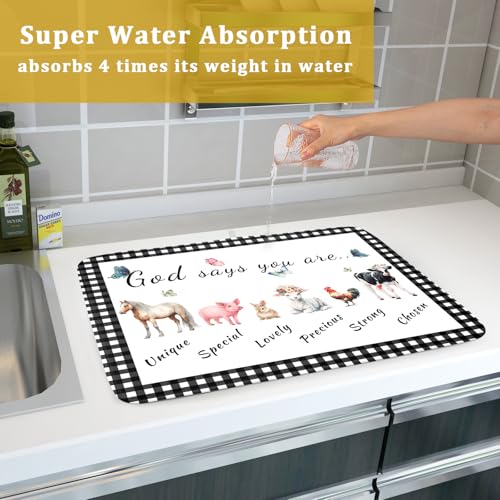 Funny Dish Drying Mat Large Absorbent Drying Pad for Kitchen Counter Easy Clean 18 X 24 in (Farm Animals 605 / 24" x 18")
