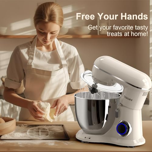 3-IN-1 Electric Stand Mixer, 6.5QT Bowl 660W 10-Speed Kitchen Mixer, Household Food Mixers include Dough Hook, Beater and Whisk, Bread Cake Mixer for Baking and Most Home Cooks, Almond Cream (Almond Cream)