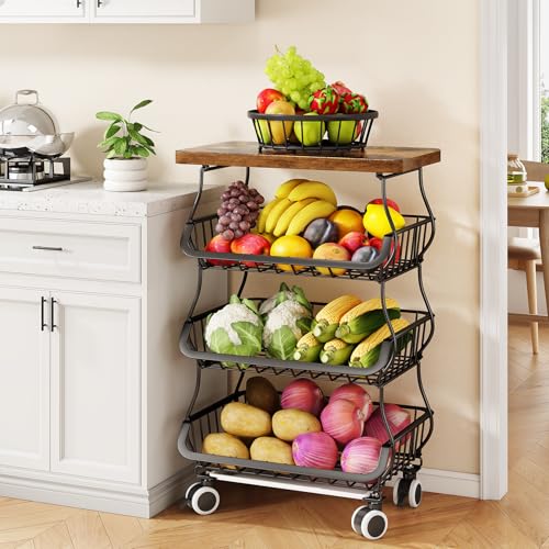4 Tier Fruit and Vegetable Basket Stand for Kitchen (Black / 4 Tiers)