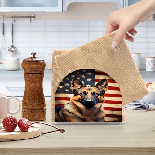 Dog German Shepherd American Flag Napkin Holder for Table Paper Napkins Holder Acrylic Tissue Dispenser Kitchen Dining Room Bathroom Party Car Decor (NH072 / 4.1x4.9x1.97in)