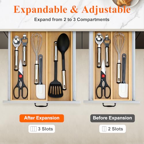 Large Bamboo Kitchen Utensil Drawer Organizer Expandable Silverware Tray ((8"-12.6")x 15.7" / Bamboo)