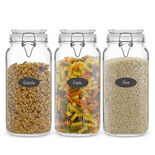 Airtight Glass Jars with Lids Set of 3. 78oz Glass Jar with Lid and 6 Silicone Seals! Large Glass Food Storage Containers. Square Mason Jar