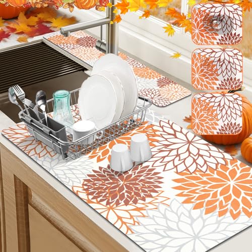 2Pcs Fall Dish Drying Mat & Sink Splash Guard (Orange / 17" X 32" + 24" X 5.5")