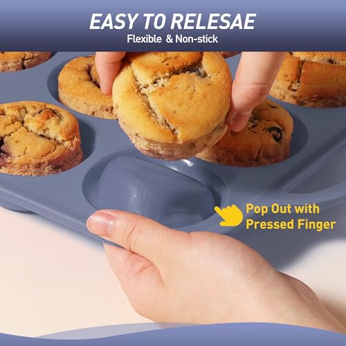 12 Cups Silicone Muffin Pan with Metal Reinforced Frame Regular Size Cupcake Pan Tray Egg Bites Silicone Rubber Cookie Molds Muffin Tin Baking Pans Tart Pan Not Stainless Steel Ceramic Aluminum (1pc: 12-Cup Regular / Morandi Blue)
