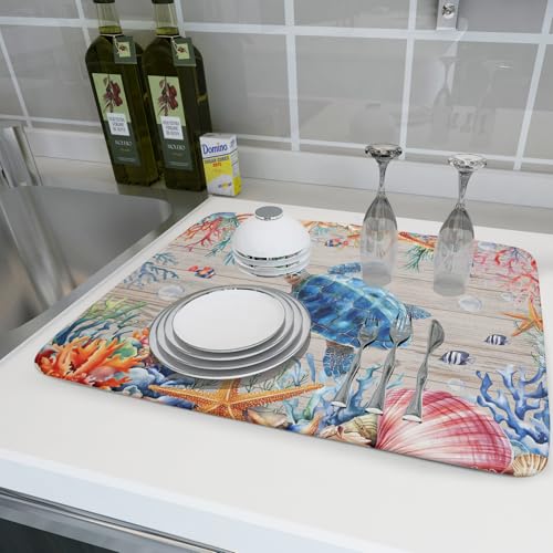 Sea Turtle Dish Drying Mat 18x24 inch Tropical Ocean Fast Dry Absorbent Microfiber Dishes Drainer Rack Pad for Countertop Bar Table Decor (Marine Turtle / 18" x 24")