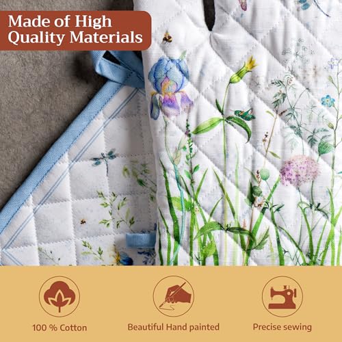 100% Cotton Oven Mitt & Pot Holder Set (012 - Fleurs De Mai / 7.5" x 13" & 8" x 8" (Oven Mitt & Pot Holder))