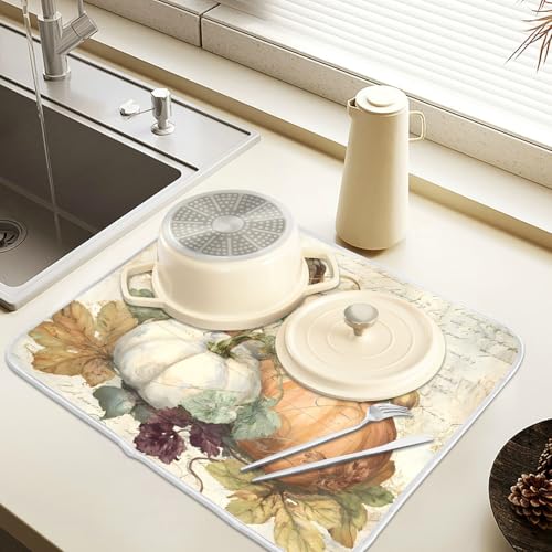 Autumn Pumpkin Fall Leaves Thanksgiving Dish Drying Mat for Kitchen Counter Absorbent Microfiber Large Drying Pad Dish Mats for Kitchen Countertops 18 x 24 Inch (24" x 18")