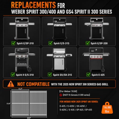 9.5MM 17.5" Grill Grates for Weber Spirit 300 & GS4 Spirit II 300 Series (9.5MM 17.5" for Weber Spirit 300 & GS4 II 300)
