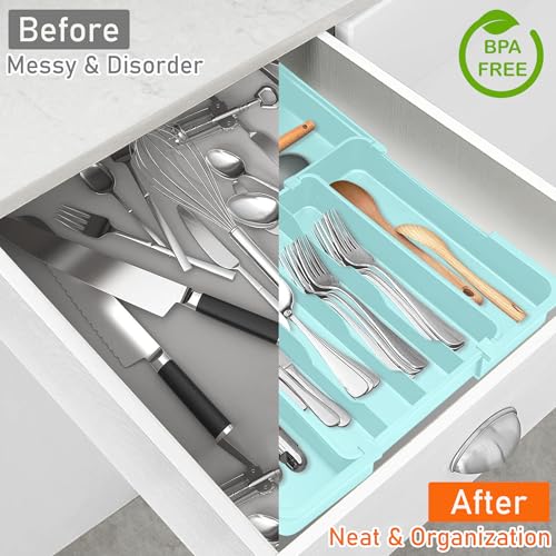 Expandable Silverware Drawer Organizer (Turquoise / M(9.5-15.2"W x 12.6-19"D))