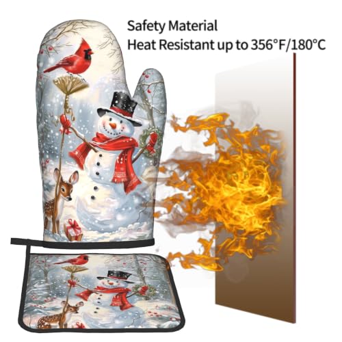 Winter Snowman Oven Mitts and Pot Holder Set of 2 Red Bird Berry Decorative Oven Gloves Heat Resistant Kitchen Hot Pads for Baking Cooking (Winter Snowman Deer)