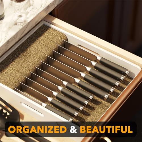 Large Knife Drawer Organizer Bamboo Insert Dock (White, Large)
