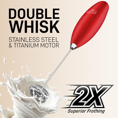 Powerful Milk Frother Wand With Duracell Batteries (Scarlet Red / Double Whisk + Batteries)