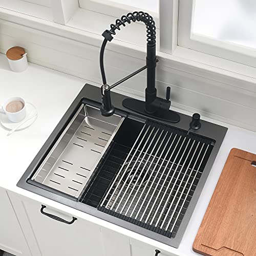 25 Inch Black Drop In Kitchen Sink (25"L x 22"W x 10"D / Black)