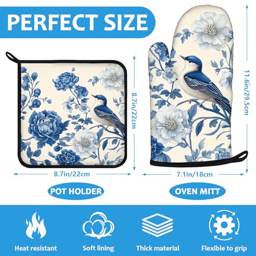 Blue Bird Blooming Flower Oven Mitts and Pot Holders Sets Heat Resistant 4Pcs Potholders Oven Gloves Hot Pads for Kitchen Baking Cooking Grilling BBQ (Bird Blooming Flower)