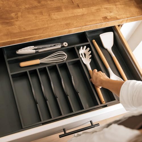 Silverware & Utensil Drawer Organizer (Black Bamboo / From 18" to 33" Wide)