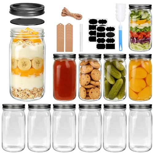 32oz Wide Mouth Mason Jars 12 Packs with Lids (32oz - Split Black Lid)