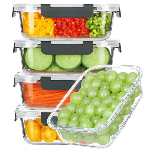 5 Pack 35 Oz Glass Food Storage Containers with Lids (Gray / 35oz 1-compartment)