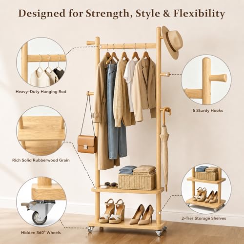 Coat Rack Freestanding Solid Wood Clothes Rack with Wheels