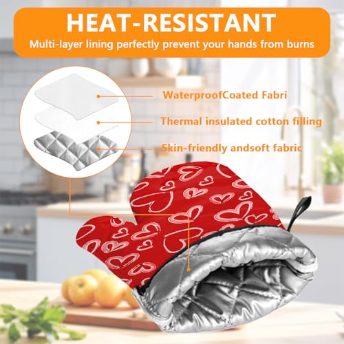 White Love Hearts Oven Mitts and Valentine's Day Pot Holders Sets 4Pcs (White Love Hearts)