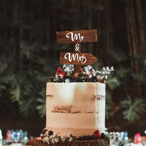 Rustic Mr & Mrs Cake Topper in Wood Cake Decoration for Wedding & Engagement (Mr & Mrs)