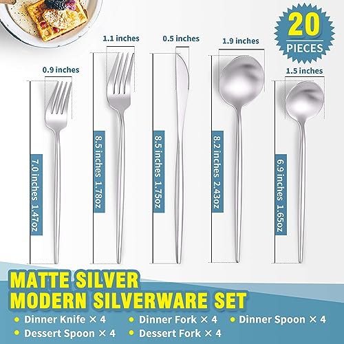 Matte Silverware Set for 4 (Silver / 20 Pieces Set)