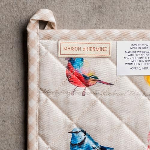 100% Cotton Oven Mitt & Pot Holder Set (003 - Birdies on Wire / 7.5" x 13" & 8" x 8" (Oven Mitt & Pot Holder))