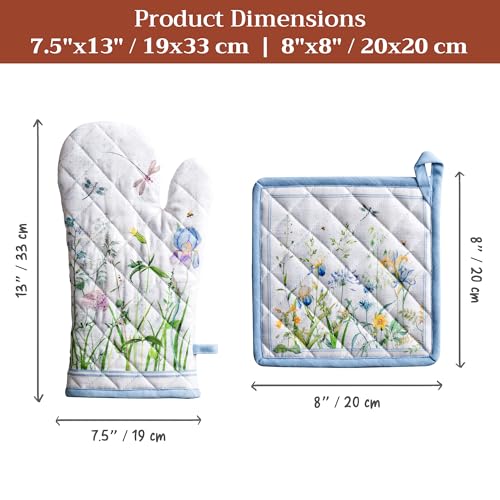 100% Cotton Oven Mitt & Pot Holder Set (012 - Fleurs De Mai / 7.5" x 13" & 8" x 8" (Oven Mitt & Pot Holder))