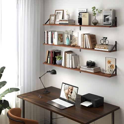48 Inch Large Wall Bookshelves Set of 3 (Rustic Brown / 47.24"W x 5.9"D x 5.4"H,Set of 3)