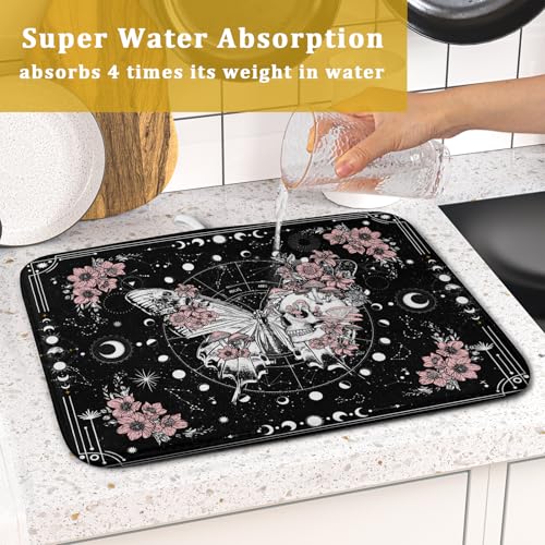 Skeleton Butterfly Dish Drying Mat Black Skull Absorbent Dish Drainer for Kitchen Counter Holiday Decor (Skeleton Butterfly Black / 18" x 16")