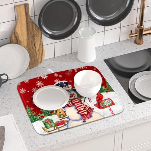 Winter Snowman Dish Drying Mat Red Bird Microfiber Dish Pad 16x18 Inch Absorbent Fast Dry Dishes Draining Mats Holiday Kitchen Accessories (Red Winter Snowman / 16" x 18")