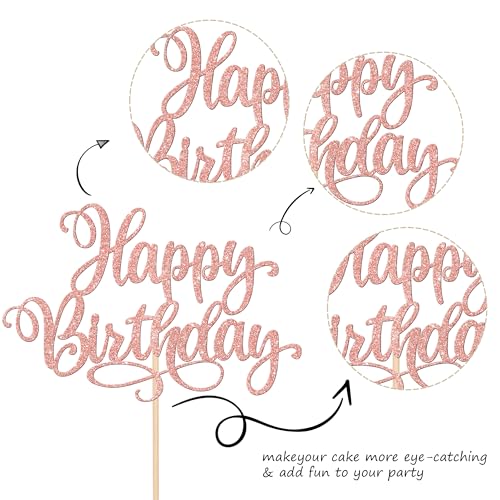 1 PCS Happy Birthday Cake Topper Glitter Happy Birthday Cake Pick for Celebrating Happy Birthday Anniversary Party Cake Decorations Supplies Rose Gold