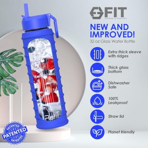 32 oz Glass Water Bottle with Time Marker (Ribbed Royal Blue Sleeve)