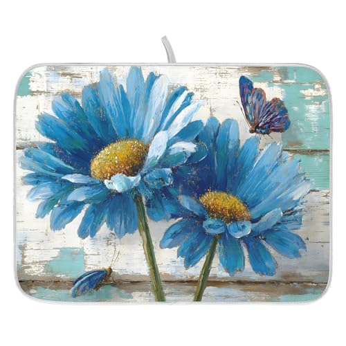 Rustic Daisy Blue on Vintage Wooden Dish Drying Mat for Kitchen Counter Absorbent Microfiber Small Drying Pad Dish Mats for Kitchen Countertops 16 x 18 Inch (18" x 16")