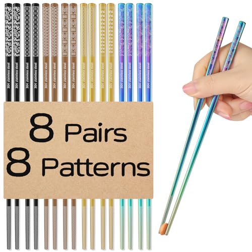 8 Pairs Metal Chopsticks Reusable Multicolor Stainless Steel Chopsticks Set Laser Engraved Non (Multicolor 304 stainless steel)